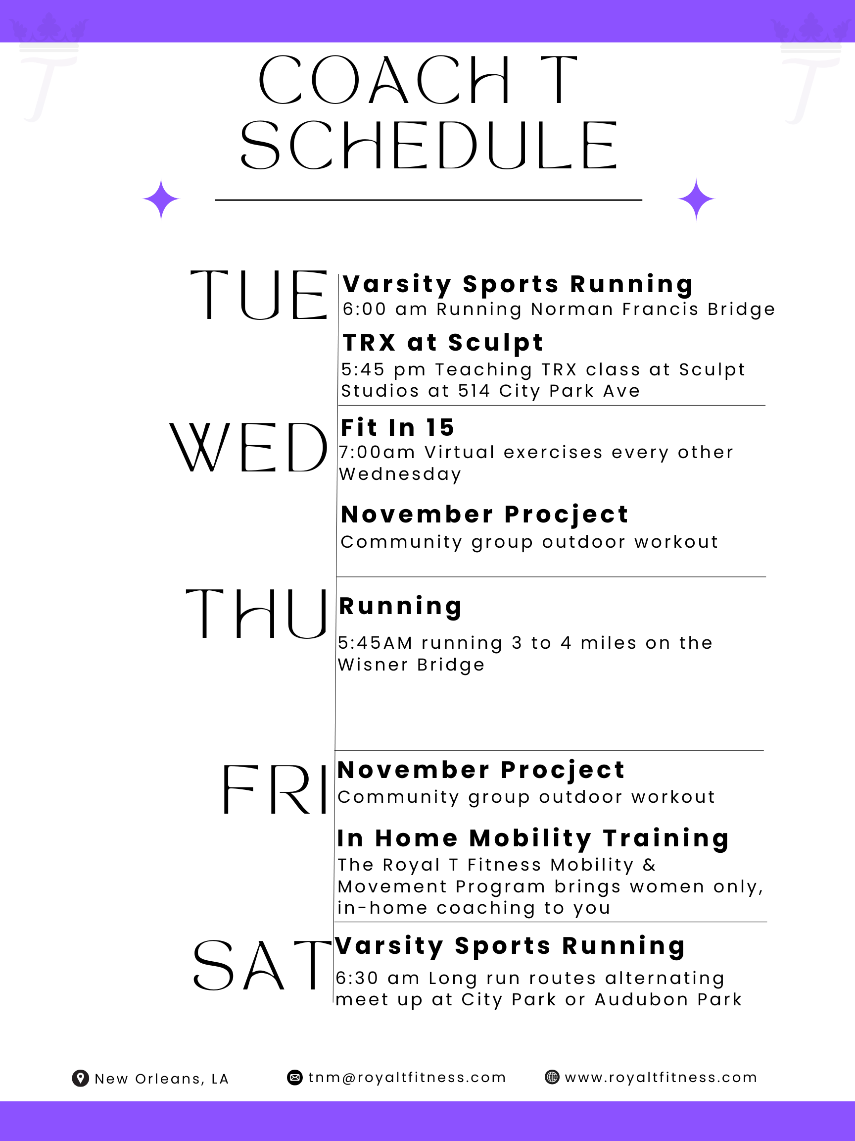 Royal T Fitness Coach T Schedule