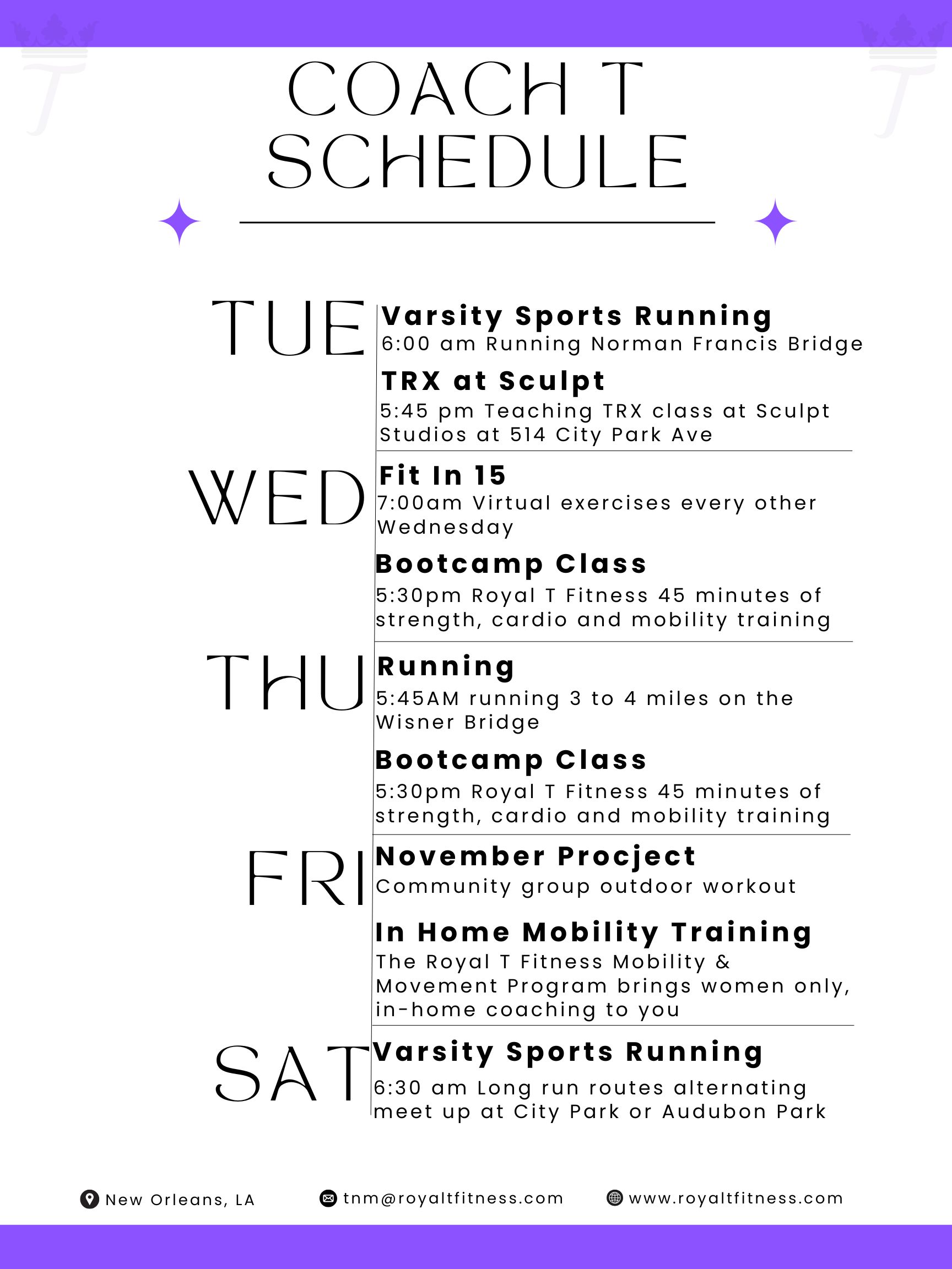 Royal T Fitness Coach T Schedule